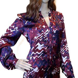 Kenneth Cole Satin Split Neck Blouse in Holly Red Combo Size L - NWT